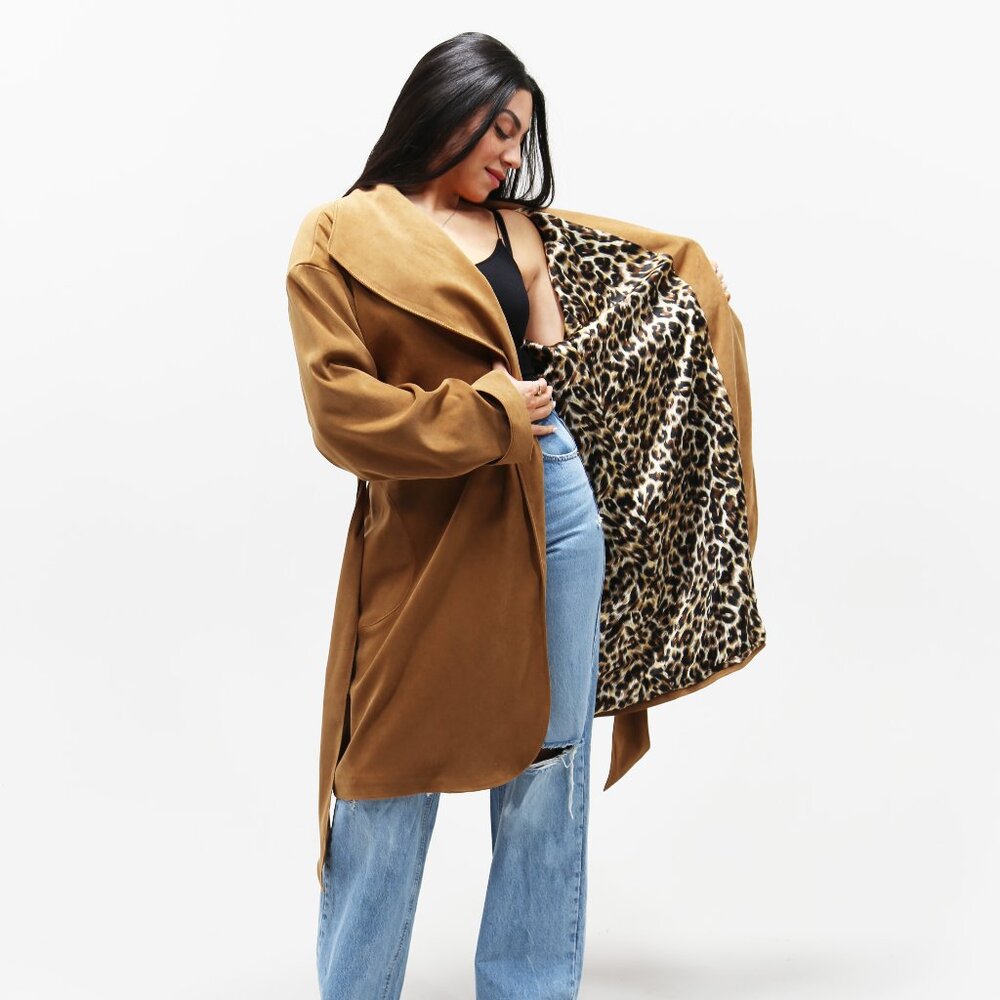 Camel Faux Suede Wrap Coat w/ Leopard Print Lining — Belted Longline Jacket